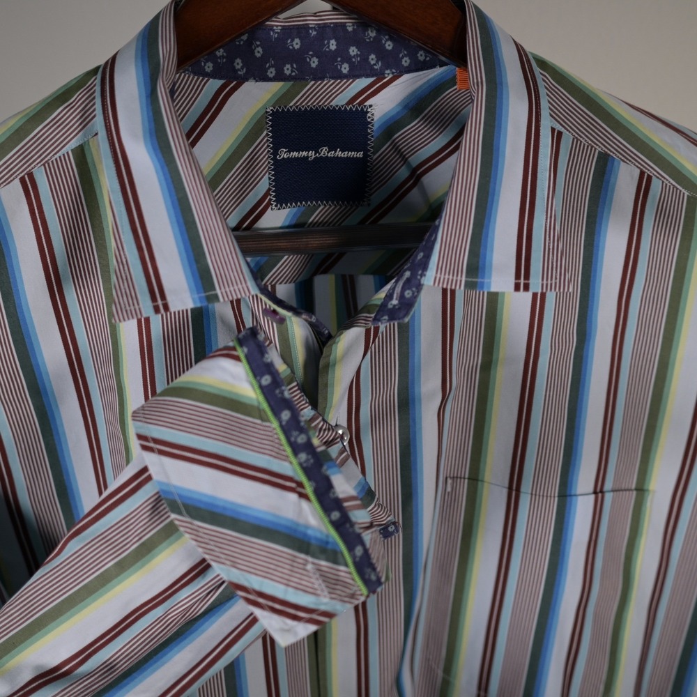 Tommy Bahama Mens XL $125. Striped Long Sleeve Button Down Cotton Multi Color